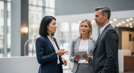 Obraz premium Business People Discussing Project Strategy in Bright Modern Office Lobby