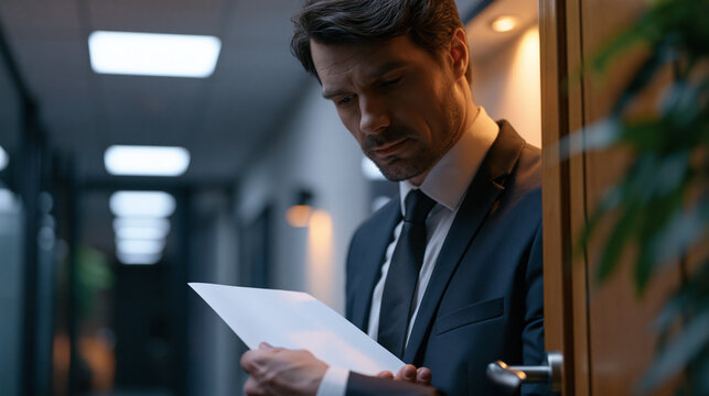 An office employee slips a resignation letter under a manager's door in an empty corridor, identity unclear, action ambiguous and charged, fluorescent ceiling light the only witness, ideal for offic