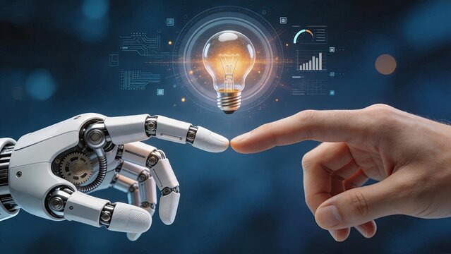 Futuristic robot hand and human finger touching near glowing lightbulb, symbolizing AI collaboration, innovation, technology partnership, digital transformation, smart automation,