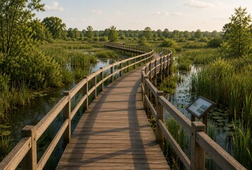 Obraz premium Curved Wooden Boardwalk Through Wetland Nature Reserve at Sunset, Scenic Eco Tourism Trail and Peaceful Outdoor Landscape Concept