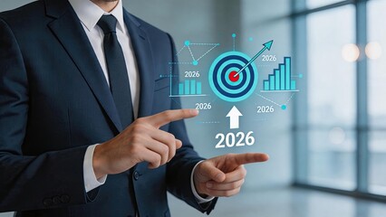 Fototapeta premium Businessman pointing at 2026 target hologram with charts and growth arrows, symbolizing strategic planning and future goals in corporate environment.