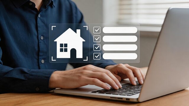 Real estate checklist on laptop screen, property inspection list, home buying guide, mortgage application process, housing market search, apartment rental agreement, construction