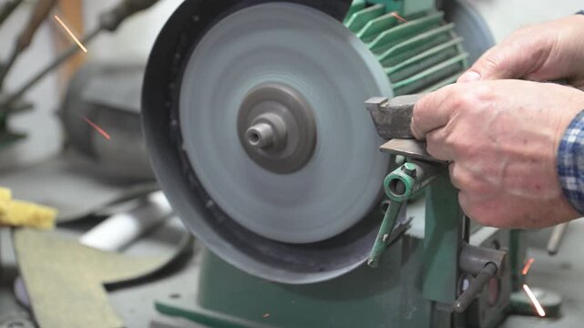 A desktop metal sharpening and grinding machine is in operation. Working hands sharpen a metal part on a desktop electric grinding machine