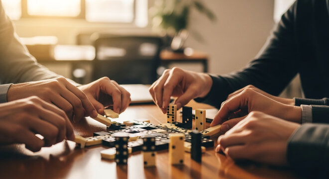 Colleagues enjoying strategic dominoes game together on wooden table in office