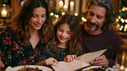 Fototapeta premium Family navigating restaurant allergen menu together, parents consulting laminated ingredient guide while child points at safe dessert option, warm candlelit bistro, perfect for food allergy dining, 