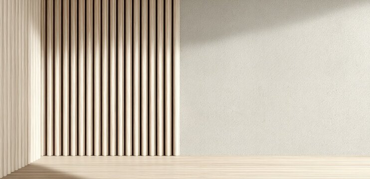 Minimalist interior with slatted wood wall and light on textured wall