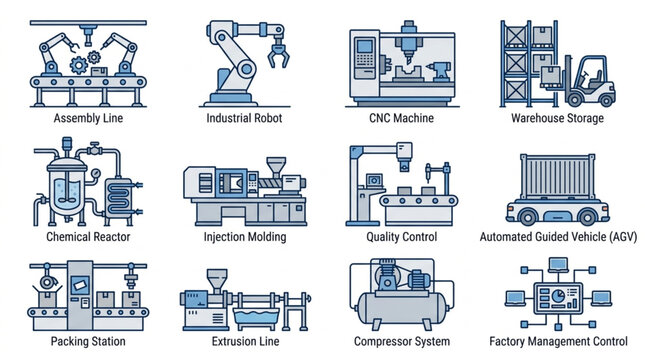 Collection of industrial automation and manufacturing technology icons.