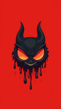 T&ecirc;te de d&eacute;mon sombre stylis&eacute;e et fondante avec des yeux orange lumineux et des dents ac&eacute;r&eacute;es, illustr&eacute;e dans un style cartoon minimaliste sur fond rouge uni et vibrant