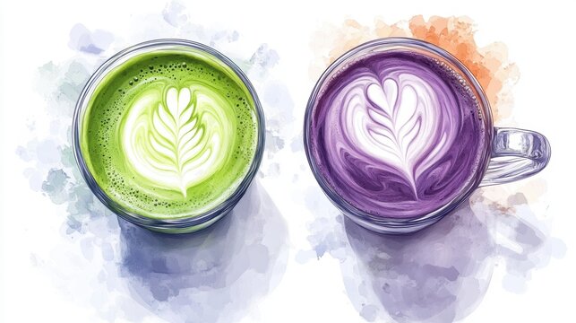 Ube and Matcha drink on white background,Iced Ube Latte,and matcha latte,PopularTrendy Purple Coffee Shop,plant based recipes,superfood,menu and banner,Healthy and wellness concept.