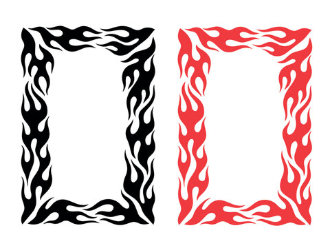 Set of two rectangular frames with tribal flame patterns, one black and one red, decorative border elements for design projects