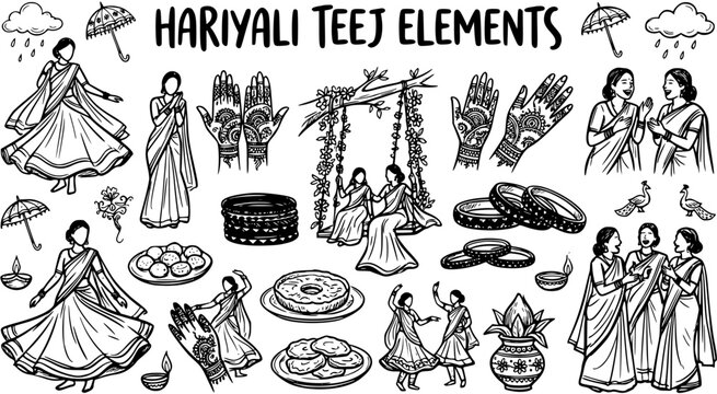 Hariyali Teej Festival Elements Doodle Set. Traditional Indian Culture Celebration with Women, Mehndi, Swings, and Sweets in Black Line Art Style.