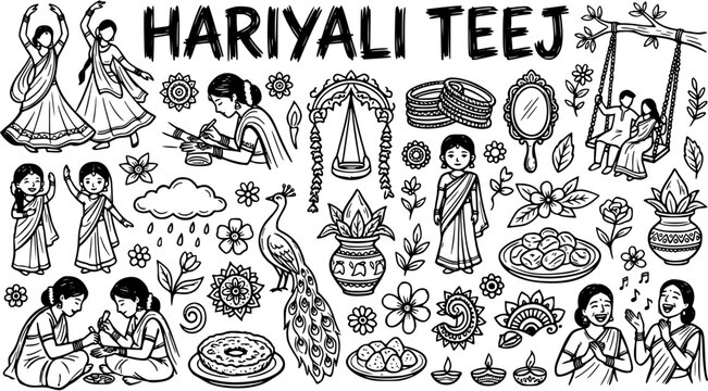 Hariyali Teej Indian Festival Line Art - Women Celebrating, Peacock, Jhula Swing, Henna, Sweets