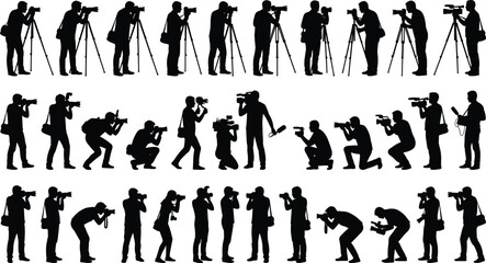 Photographer silhouettes set camera operators shooting poses media journalism and videography figures isolated black collection © MdTanvir