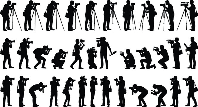 Photographer silhouettes set camera operators shooting poses media journalism and videography figures isolated black collection