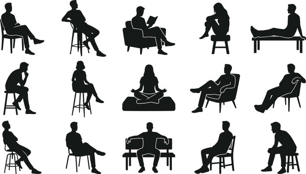 People sitting silhouettes collection featuring diverse poses on chairs sofa and stool for lifestyle, relaxation, and activity illustration