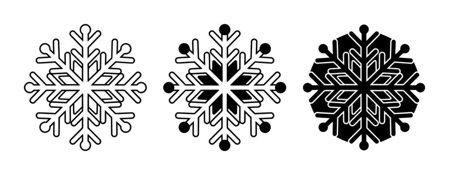 3 Snowflake Icons Outline Filled Silhouette, Winter Holiday Decoration for Christmas