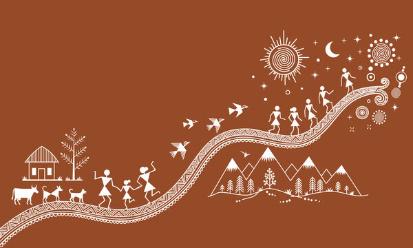 Warli Folk Tribal Art or sora tribe art for Odisha or Maharashtra Tribal Stick Figures Indian tradition tribal art vector of the path of life