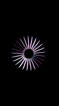 Purple and silver metallic fins form a symmetrical rotating circle structure in a seamless 3D animation loop for dark mode abstract user interfaces