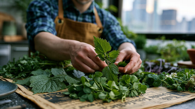 Urban forager arranging freshly gathered mugwort, lamb's quarters, and clover on newspaper spread across apartment kitchen table, city skyline visible through open window, perfect for urban wild pla