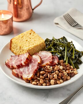 Hoppin' John with Tasso ham served with black-eyed peas and greens