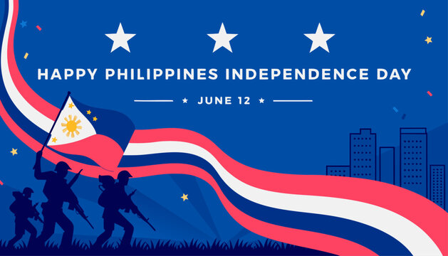 Happy philippines independence day june 12 celebration with flag and soldiers