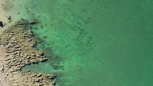 Aerial top down view of rocky coastline and turquoise Atlantic Ocean near Puerto Piramides on Valdes Peninsula Argentina