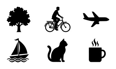 Set of 6 Black Silhouette Icons: Tree, Cyclist, Airplane, Sailboat, Cat, Coffee Cup. Simple Vector Graphics for Lifestyle, Travel, and Nature Themes. © Shafayet