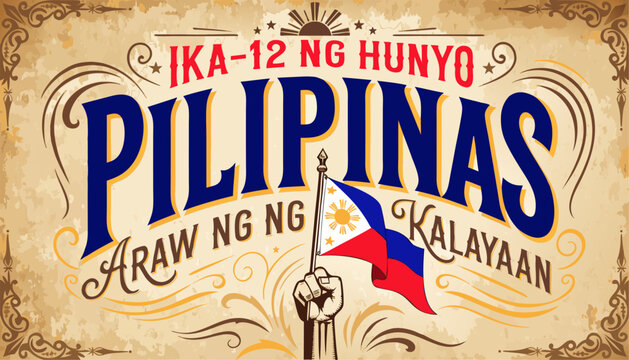 Philippine independence day poster with flag and patriotic design elements on beige background