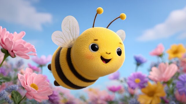 Animated bee flying in a field of flowers against a blue sky