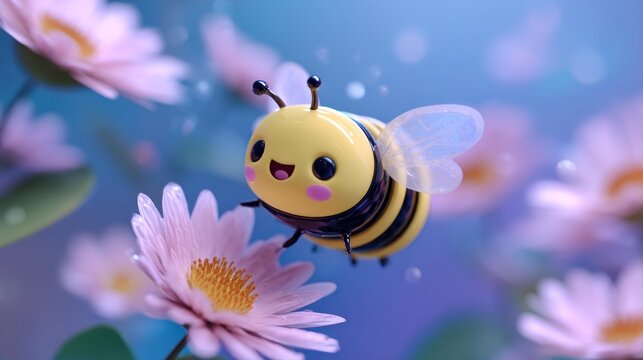 Cute cartoon bee with pink cheeks flying among pink flowers against a blue background