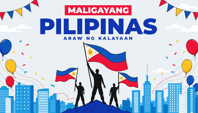 Philippine independence day celebration with flags and cityscape background