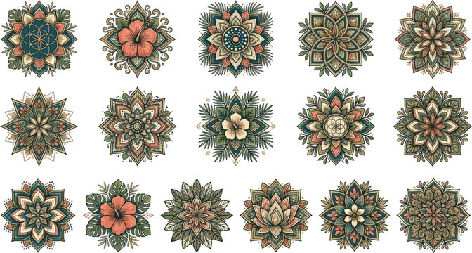 Ornate tropical floral mandala vector ornament collection with hibiscus lotus leaves and bohemian vintage geometric sacred patterns for textile prints