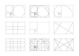 Golden ratio. Fibonacci shapes, array, numbers. Set of Method golden section frames template. Harmony proportions black grid layout. Outline mockup. © Hanna