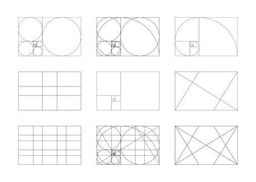 Golden ratio. Fibonacci shapes, array, numbers. Set of Method golden section frames template. Harmony proportions black grid layout. Outline mockup.