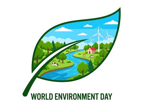 Eco-friendly World Environment Day illustration with windmills and cows on a farm inside a leaf, symbolizing sustainability and nature protection.