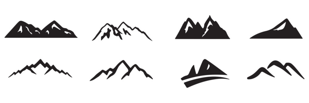 Set of mountain icons, vector illustration of mountain peaks, silhouettes of mountain ranges, collection of simple mountain shapes