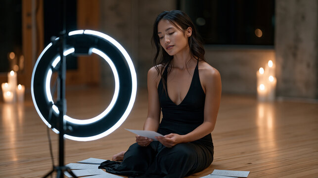 A startup founder rehearses her investor pitch alone in a minimalist studio, speaking to a ring light as though it were a boardroom, note cards fanned across the floor at her feet, perfect for execu