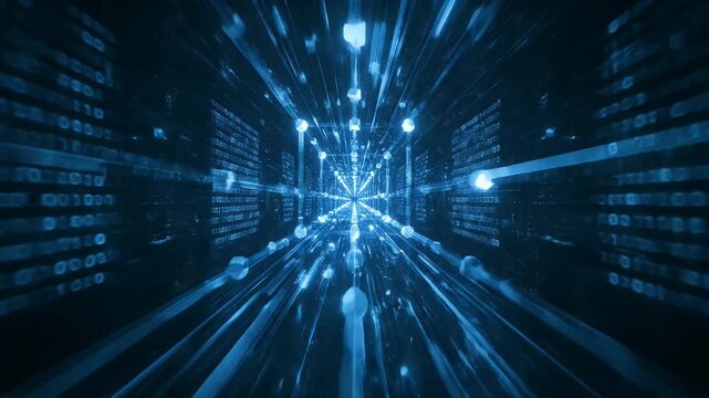 Digital data stream tunnel with blue binary code particles and glowing light effects