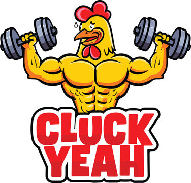 Muscular chicken holding dumbbells, sweating and flexing arms, text cluck yeah below, strong bird bodybuilder mascot, fitness motivation cartoon.