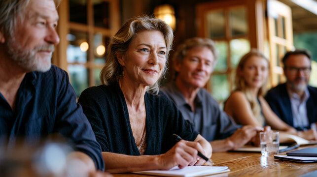 An intergenerational startup advisory board meets in a quiet rural retreat center, ages spanning six decades around a single oak table, summer light flooding through open French doors, a rare and vi