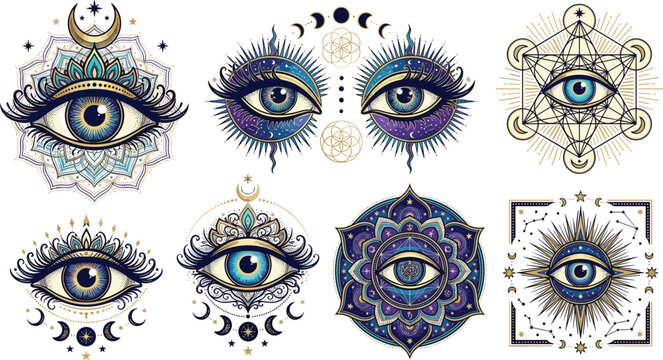 Mystical blue evil eye vector bundle with celestial moon phases gold stars and sacred geometry mandalas for esoteric spiritual designs
