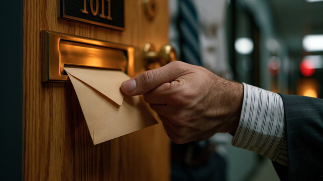 An office employee slips a resignation letter under a manager's door in an empty corridor, identity unclear, action ambiguous and charged, fluorescent ceiling light the only witness, ideal for offic