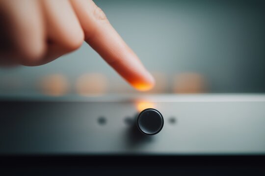 Human finger pressing illuminated orange button on modern electronic control panel
