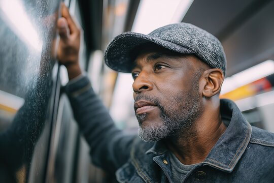 Thoughtful man looking out window on public transport. Black male with gray beard, wearing cap and denim jacket, hand resting on window, urban travel