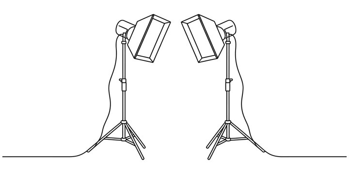 Continuous single line drawing of two studio photography lights with softbox diffusers standing on tripods for professional video and photo production Vector, illustration