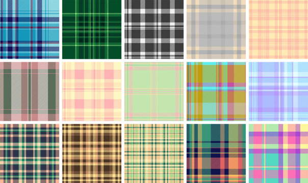 Plaid pattern set for report covers. Coordinated tartan patterns create professional and stylish presentation materials. Vector scalability ensures print quality.