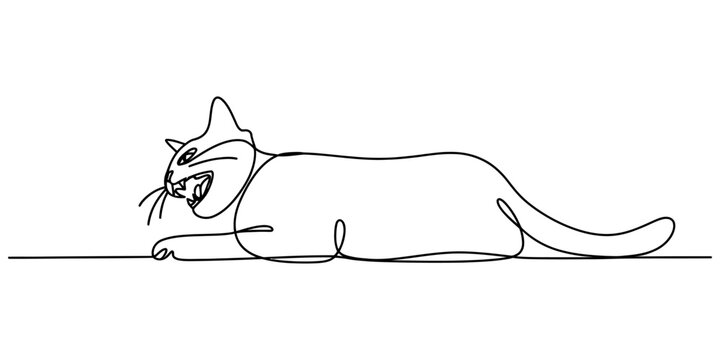 Continuous single line drawing of an angry cat hissing and lying down with open mouth and sharp teeth in a minimalist artistic style for creative design Vector, illustration