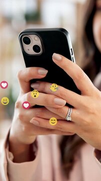 Woman, hands or phone with emoji icons for social media, reaction or communication in office. Female person, employee or typing with mobile smartphone, symbols or emoticons for message app or network