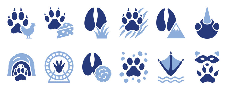 Set of various animal tracks and paw print icons for education and nature themes