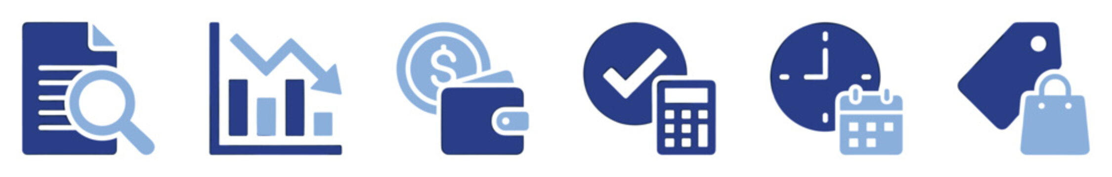 Set of financial planning and business analysis icons for reports and digital platforms.